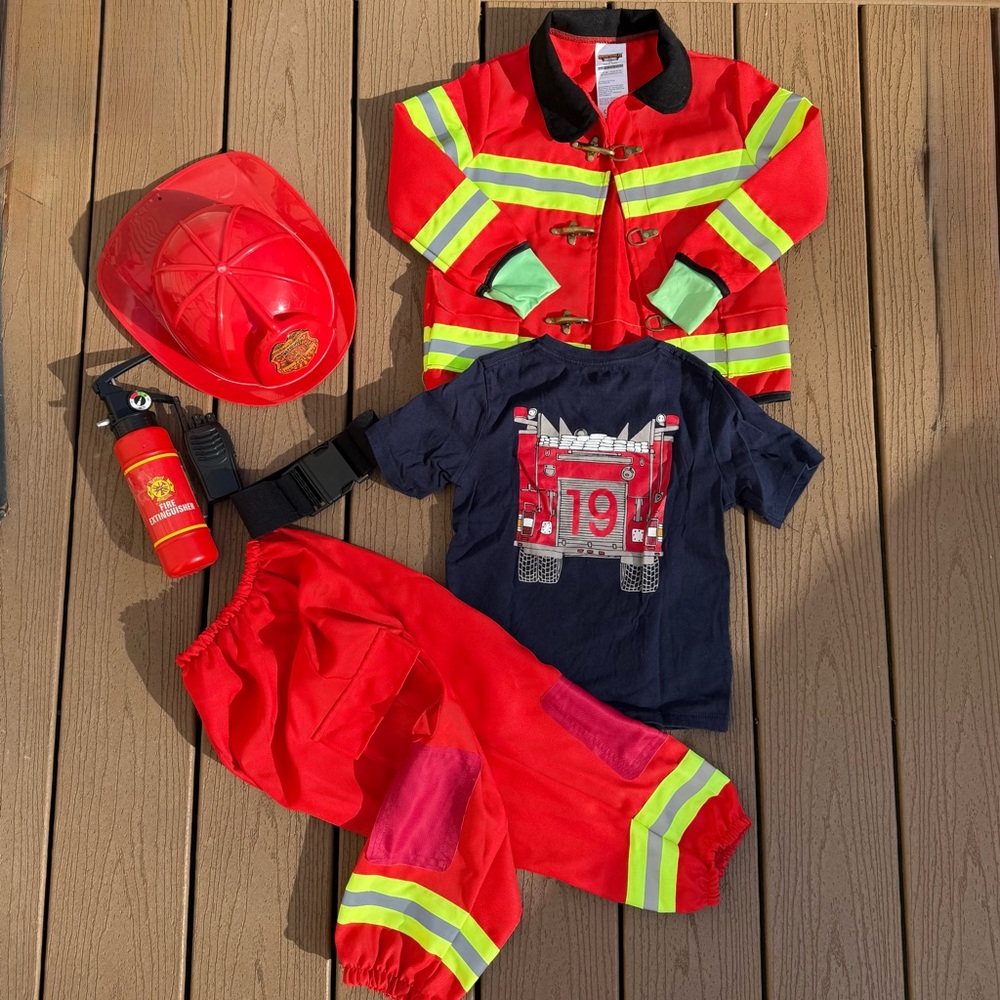 SPOOKTACULAR CREATIONS 7 PIECE FIREFIGHTER COSTUME SIZE 3T w/BABY GAP TEE SZ 4T